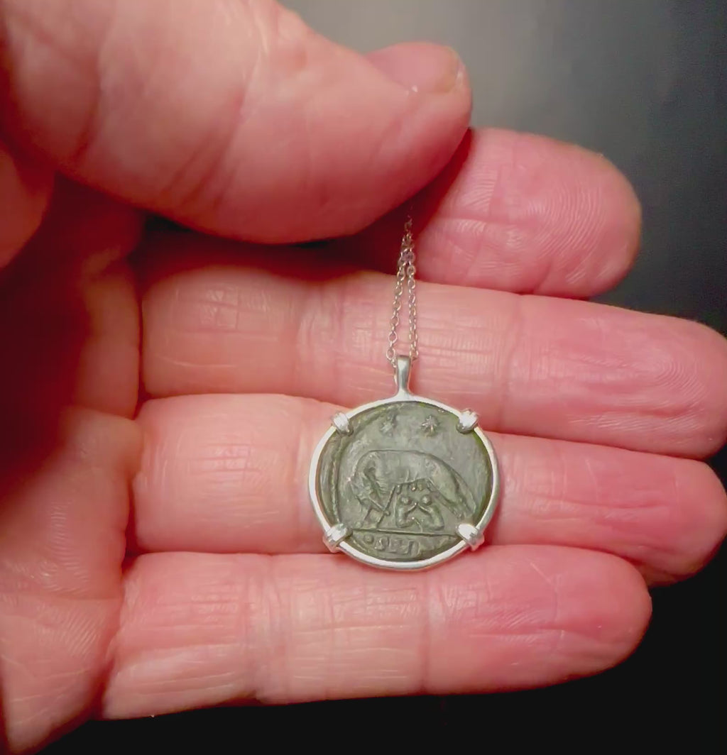 Genuine Ancient Roman She-Wolf Coin in Sterling Silver Pendant