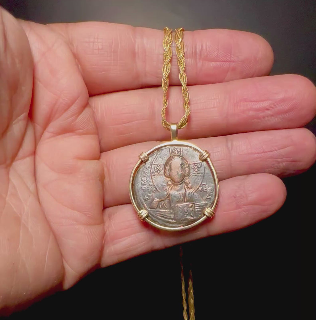 10th century Byzantine Jesus Christ coin in 14k yellow gold filled pendant “Jesus Christ King of Kings”