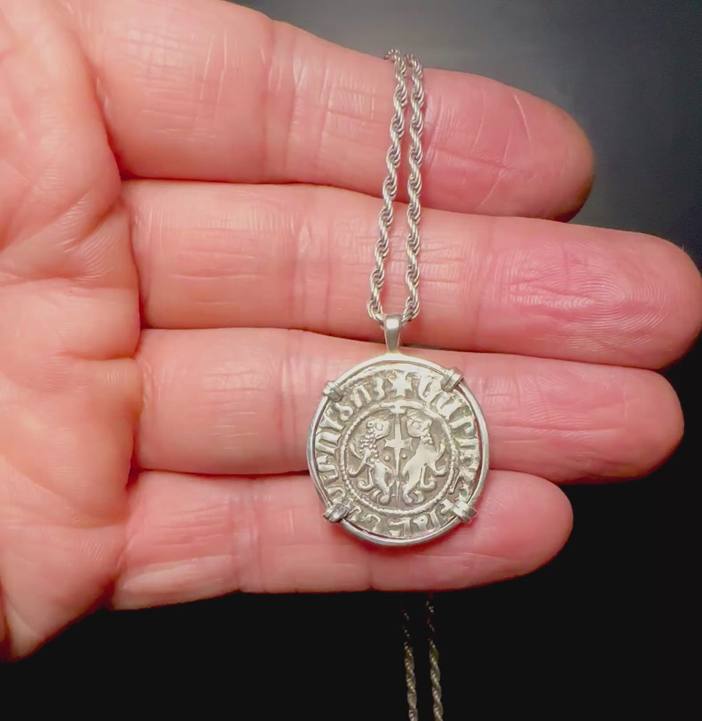 Medieval Christian Lion and Cross coin with “By the Will of God” inscription in sterling silver pendant