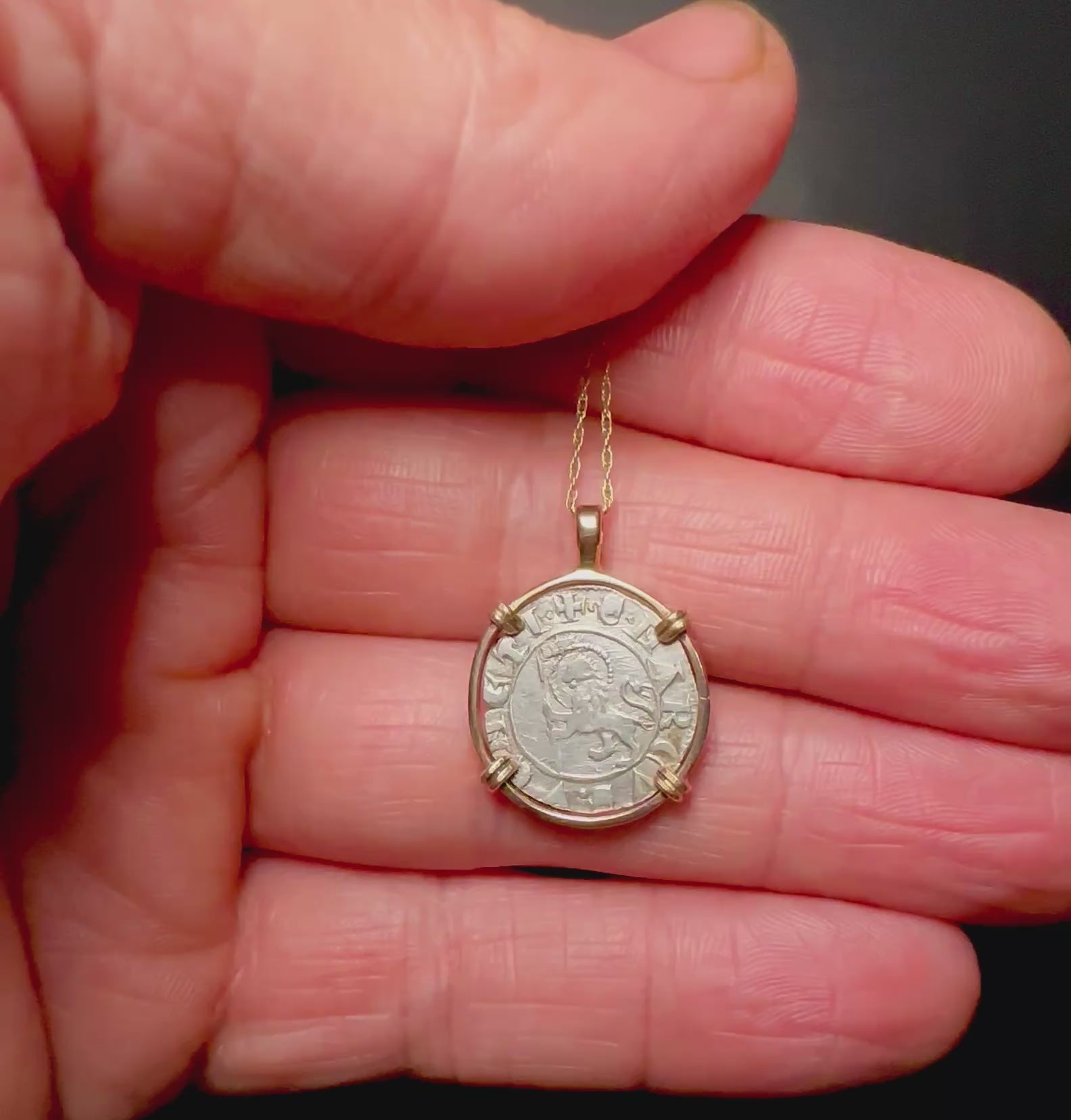 14th Century Italian Christian Lion of St Mark coin in 14k yellow gold filled pendant